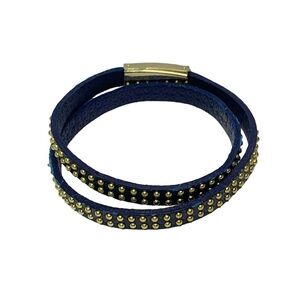 Navy Leather Gold Studded Double Wrap Bracelet